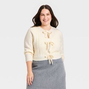 Women's Long Sleeve Bow Cardigan Sweater - A New Day Cream XXL